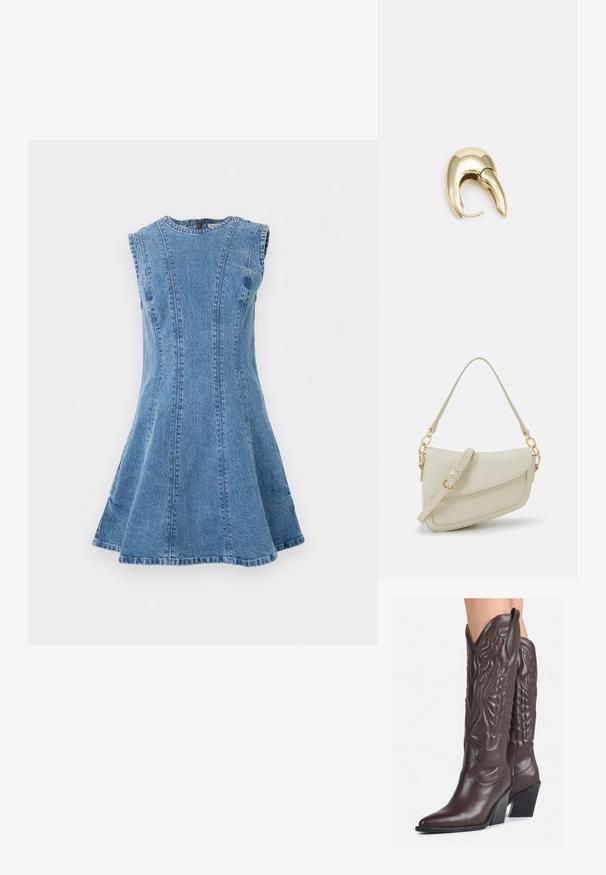 Denim dress in light blue, sleeveless design, flared shape, featuring vertical seams and a round neckline. No visible hardware or patterns.; Brown leather cowboy boots with pointed toe and block heel, featuring detailed stitching and raised accents on the shaft.; Small cream handbag with a textured finish, a long adjustable strap, a chain accent, and a flap closure. Gold hardware detailing.; Gold-tone metal earring with a sleek, curved design. Features a distinctive pointed shape, polished surface, and hinge closure.