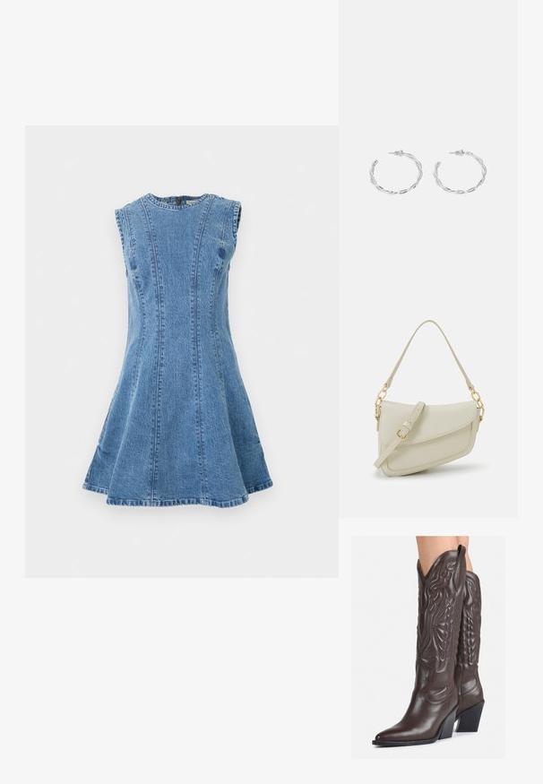 Dongerikjole i lyseblått, uten ermer, med vid form, featuring vertikale sømmer og rund hals. Ingen synlig maskinvare eller mønstre.; Brune skinncowboystøvler med spiss tå og blokkhelt, med detaljerte sømmer og hevede detaljer på skaftet.; Liten kremfarget håndveske med teksturert overflate, lang justerbar stropp, kjedeakenter og klaffelukking. Detaljer i gullfarge.; Sølv hoops øredobber med en tvistet design, som har en polert finish og bakstøtte. Mål omtrent 3 cm i diameter.