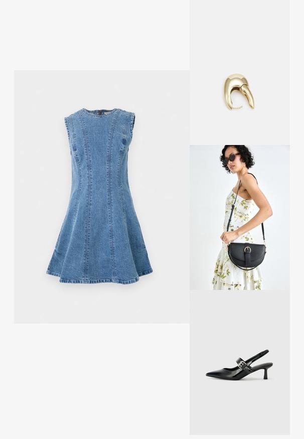 Denim dress in light blue, sleeveless design, flared shape, featuring vertical seams and a round neckline. No visible hardware or patterns.; Black patent leather slingback heels with a pointed toe and a small block heel, featuring a silver buckle accent on the strap.; Black leather handbag with a curved shape, detachable strap, and gold hardware. The bag features a flap with a buckle detail.; Gold-tone metal earring with a sleek, curved design. Features a distinctive pointed shape, polished surface, and hinge closure.