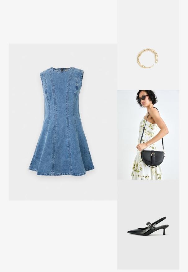 Niebieska dżinsowa sukienka w jasnym odcieniu, bez rękawów, w kształcie rozkloszowanym, z pionowymi szwami i okrągłym dekoltem. Brak widocznych elementów metalowych czy wzorów.; Czarne lakierowane szpilki slingback z wąskim noskiem i małym słupkiem, z ozdobnym srebrnym klamrą na pasku.; Czarna skórzana torebka o zakrzywionym kształcie, z odpinanym paskiem i złotymi akcentami. Torebka posiada klapę z zapięciem w kształcie klamry.; Pierścionek w odcieniu złota z organicznym, skręconym wzorem, o gładkiej fakturze i zwężających się końcach, tworzący nowoczesny, rzeźbiarski wygląd.