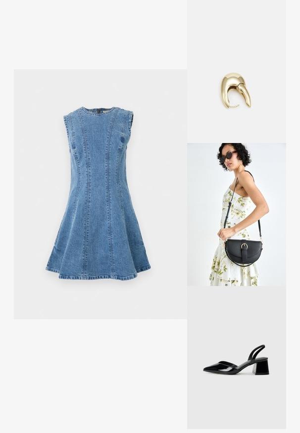 Džínové šaty v světle modré barvě, bez rukávů, s volným střihem, obsahující vertikální švy a kulatý výstřih. Žádné viditelné kovové prvky nebo vzory.; Černé lakované kožené lodičky na pásku s špičatou špičkou a geometrickým blokovým podpatkem. Vyznačují se elegantním, minimalistickým designem a hladkým povrchem.; Černá kožená kabelka s křivkovým tvarem, odnímatelným popruhem a zlatými detaily. Kabelka má klopu s přezkou.; Náušnice ve zlatém tónu z kovu s elegantním zakřiveným designem. Vyznačují se jedinečným špičatým tvarem, lesklým povrchem a závěsem na kloub.