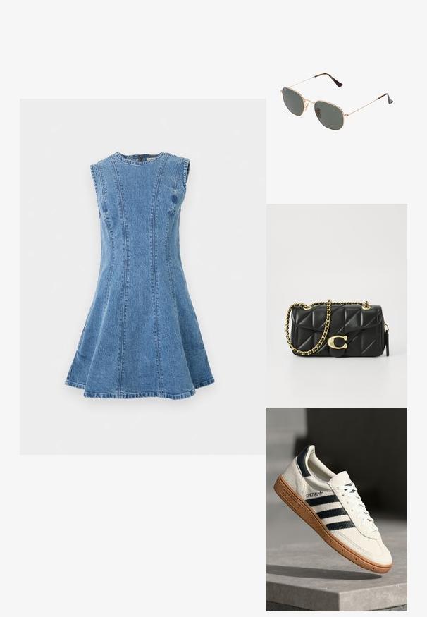 Világoskék farmerruha, ujjatlan fazon, bővülő alak, függőleges varrásokkal és kerek nyakkivágással. Nincs látható fémrész vagy minta.; Fehér velúr sneaker tengerészkék csíkokkal, gumitalppal, textúrált felső résszel, kerek orral és fűzős kialakítással; a cipő oldalán és a nyelvén logó található.; Arany fémkeretes napszemüveg sötétzöld lencsékkel, pilóta stílusban, vékony karokkal és teknősbékás díszítéssel a végeken.; Fekete steppelt bőr kézitáska arany lánc pánttal és kör alakú akasztóval. Kompakt, téglalap alakú.