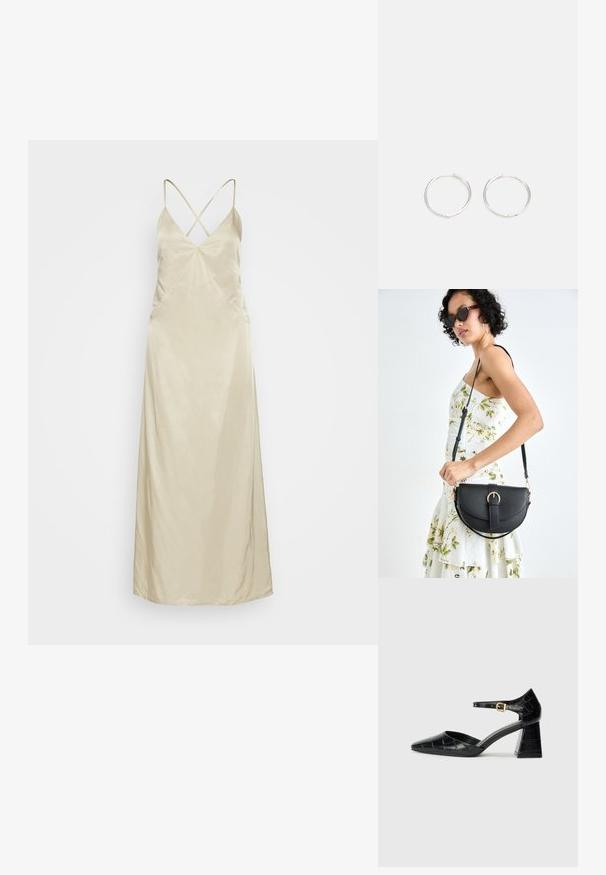 Rochie slip din satin, bej, cu bretele subțiri în crisscross, decolteu în V, slituri laterale și o siluetă fluidă care curge până la glezne.; Pantofii negri din piele lăcuită cu toc înalt, vârf ascuțit, curea la gleznă și model texturat de crocodil. Design cu toc pătrat.; Geantă din piele neagră, cu o formă curbată, curea detașabilă și accesorii aurii. Geanta are un capac cu un detaliu tip cataramă.; Cercei din argint cu un design elegant și rotund, având o suprafață netedă și fără embellismente vizibile. Diametrul nu este specificat.