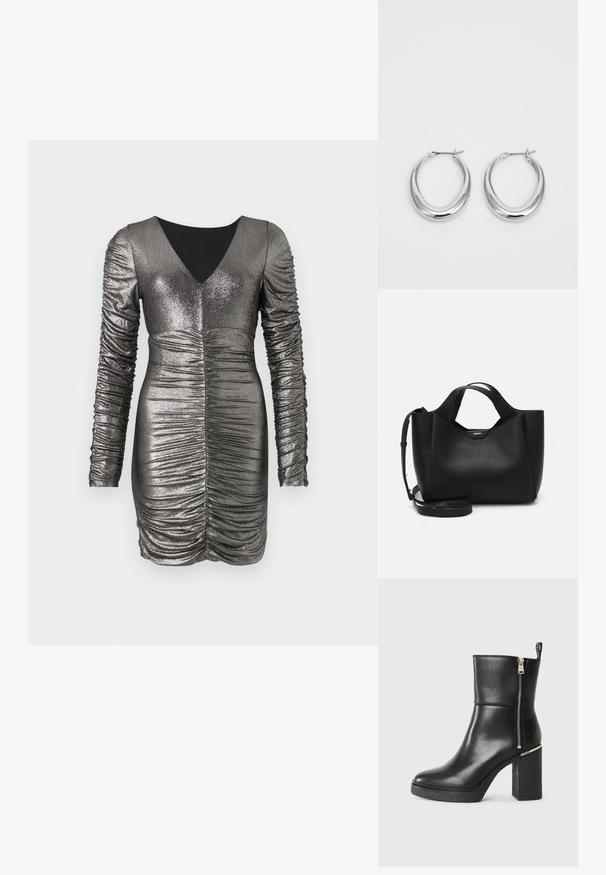 Metallisk grå kjole med lange rynkede ermer, V-hals og innsamlet detaljering i midjen. Slemmende tekstur, kroppsnær passform og knelange.; Sorte ankelstøvler laget av glatt skinn, med glidelås på siden og en teksturert blokkhelt. Slip-on design med rund tå.; Svart skinnhåndveske med teksturert finish, vinklet form, doble håndtak og justerbar skulderrem. Har et DKNY-logo som detaljer.; Et par polerte sølv halvmåne hoop øredobber med hengselspenner på hvit bakgrunn.