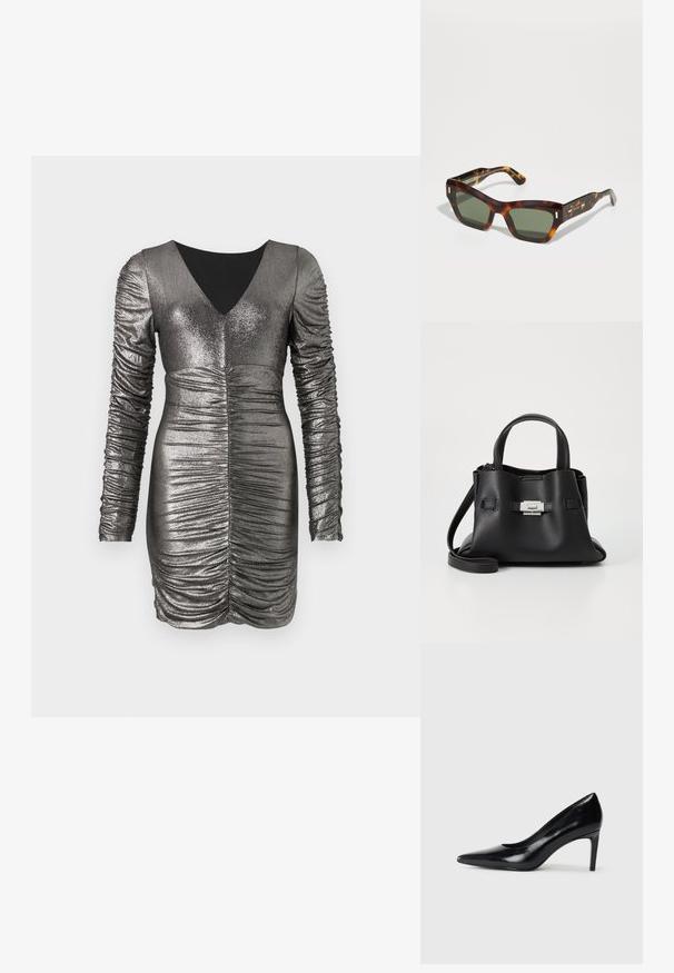 Metallisk grå kjole med lange rynkede ermer, V-hals og innsamlet detaljering i midjen. Slemmende tekstur, kroppsnær passform og knelange.; Sorte skinnhøye hæler med spiss tå, glatt tekstur og avsmalnet hæl. Minimalistisk design, ingen ekstra dekorasjoner.; Skilpaddevatn solbriller med rektangulære grønne linser. Tykke rammer med gullakenter på templene. Glatt tekstur og kantete design.; Svart skinnveske med teksturert overflate, som har to håndtak på toppen, en avtagbar skulderrem og detaljer med sølvspenne.