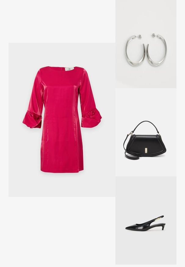 Φούστα σατέν φούξια με στρογγυλή λαιμόκοψη, φουσκωτά μανίκια τριών τετάρτων και κλείσιμο με φερμουάρ στη πλάτη. Λείος υφασμάτινος χαρακτήρας με γυαλιστερό φινίρισμα.; Μαύρες δερμάτινες γόβες slingback με μυτερή μύτη, διαθέτοντας λεπτό τακούνι και χρυσή λεπτομέρεια στην ρυθμιζόμενη λωρίδα. Λείος υφές.; Μαύρη δερμάτινη τσάντα με δομημένο σχέδιο, που διαθέτει κομμένο σχήμα, επάνω λαβή και χρυσά μεταλλικά στοιχεία. Περιλαμβάνει ρυθμιζόμενο λουρί ώμου.; Ασημένια σκουλαρίκια κρίκοι με μαλακή, καμπυλωτή σχεδίαση. Διαθέτουν γυαλιστερή μεταλλική υφή και κλείσιμο με σφίγγα. Χωρίς ορατά μοτίβα ή διακοσμήσεις.