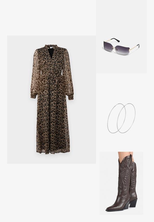 Ilga, permatoma suknelė juodos ir smėlinės spalvos su gėlių raštu, turinti gilią V formos iškirptę, ilgomis rankovėmis, elastinėmis rankogaliais ir rišamu juosmeniu.; Rudos odinės kaubojaus batai su smailiu priekiu ir blokuotu kulnu, pasižymintys detaliu siuvinėjimu ir iškiliais akcentais ant ašies.; Akiniai nuo saulės su pilku gradientiniu lęšiuku, aukso metalo rėmu ir juodomis plastikinėmis detalėmis. Išskirtiniai drugelio formos lęšiai su plonomis kojelėmis.; Sidabrinės pusmėnulio auskarai minimalistiniu dizainu. Apskritimo forma, lygus paviršius ir plonas profilis. Lengvi su poliruotu apdailu.