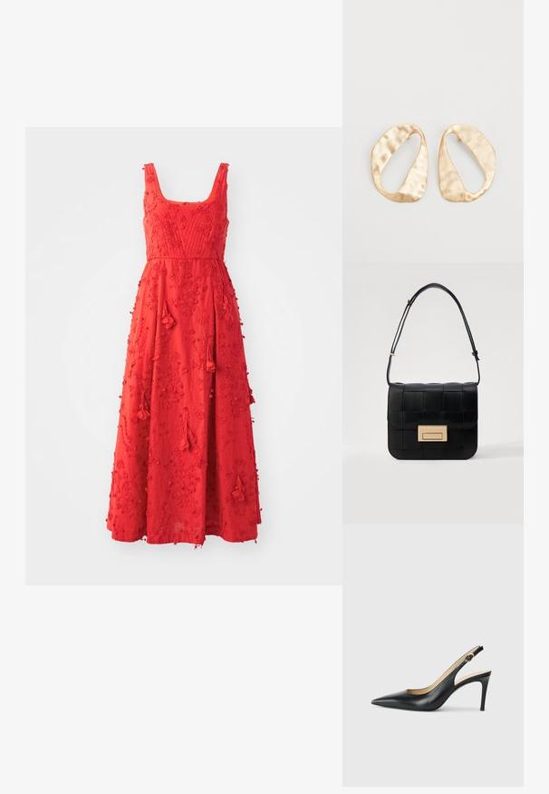 Abito rosso senza maniche con scollo quadrato, caratterizzato da ricami floreali, dettagli con frange e una lunghezza maxi fluida.; Slingback in pelle nera con i tacchi alti a punta, cinturino regolabile e tacco a spillo elegante, caratterizzati da una finitura liscia.; Loeffler Randall DESI CROSSBODY WITH LOCK HARDWARE - Borsa a tracolla - black; Un paio di orecchini in metallo di tonalità dorata, di forma ovale irregolare, con superficie texturizzata e leggermente martellata, su uno sfondo bianco.