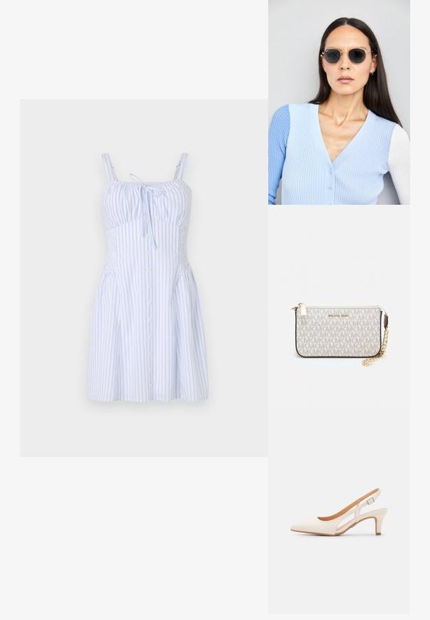 Prugasta haljina svijetloplave i bijele boje, s tankim naramenicama, mašnom na dekolteu i dugmadi sprijeda. Teksturirani materijal s prilagođenim bodicem.; Bijela slingback peta s oštrim vrhom, glatkim gornjim materijalom, niskom blok peta te dizajnom s bočnim izrezom i podešivom kopčom.; Ok Runde sunčane naočale s tamnim staklima i zlatnim okvirom. Model nosi svijetloplavi rebrasti kardigan s gumbima i kontrastnim bijelim rukavima.; Michael Kors novčanik na zapešću u bež premazanoj tkanini s ponavljajućim uzorkom MK loga, zlatnim hardverom i odvojivim lancem za nošenje.