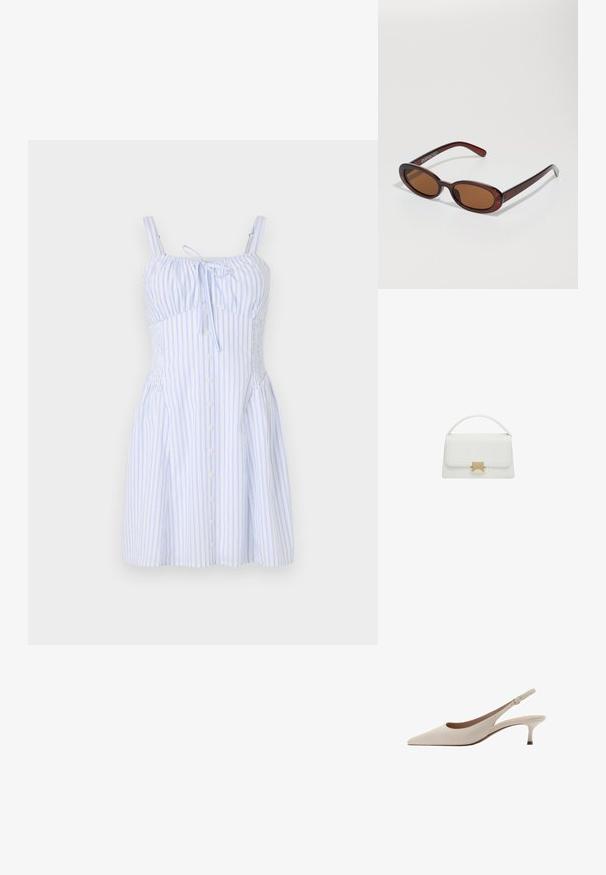 Gestreiftes Kleid in Hellblau und Weiß, mit dünnen Trägern, einem Bindeband am Ausschnitt und Knöpfen auf der Vorderseite. Strukturierter Stoff mit einer taillierten Oberweite.; Beige Slingback-Absatzschuhe mit spitzer Zehenform und niedrigem, ausgestellten Absatz. Hergestellt aus glattem Leder mit einem minimalistischen Design und verstellbarem Riemen.; Runde, braun getönte Sonnenbrillen mit einem glänzenden burgunderfarbenen Rahmen. Schlanke Bügel mit dezentem Branding. Flaches Linsendesign.; Weiße Lederhandtasche mit strukturiertem Design, ausgestattet mit einem oberen Griff und einem goldfarbenen Verschluss. Glatte Textur und minimalistische Akzente.