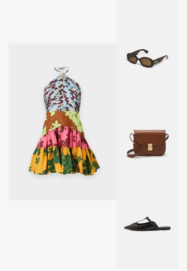 Färggklad klänning med halterneck-design som har blå, bruna, rosa, gröna och gula blommönster samt en volangkant.; Svart läderslingback-sko med spetsig tå, med en vävd detalj och plisserad överdel. Platt sula med minimal hårdvara.; Sköldpaddsmönstrade solglasögon med ovala bågar, bruna tonade linser och "Chloé"-logotyp på skalmen. Slät plastmaterial med glänsande yta.; Brun läderhandväska med klaffstängning, guldfärgad hårdvara, axelrem och en slät yta. Kompakt rektangulär form.