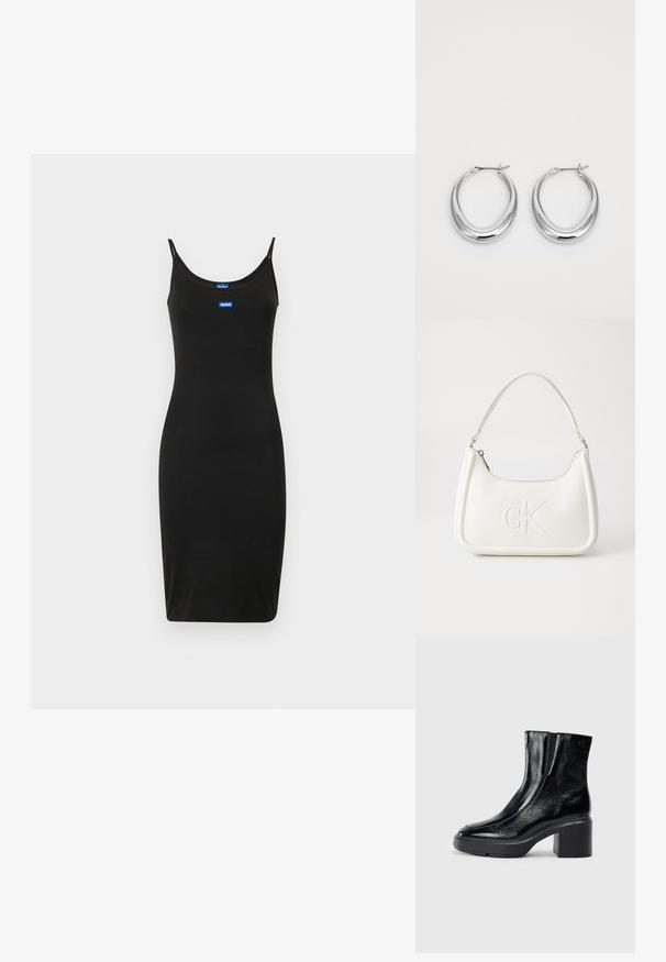 Rochie neagră, mulată, cu bretele fine, fabricată dintr-un material elastic. Prezintă etichete cu logo-ul mărcii de culoare albastră pe partea din față. Textură netedă.; Bocanci de gleznă din piele lacuită neagră, cu vârf curbat, panouri elastice pe laterale și toc bloc masiv. Prezintă un logo embosat pe spate.; Geantă de umăr din piele albă cu formă curbată, având un logo "CK" embosat pe partea din față și un singur braț de umăr. Închidere cu fermoar în partea de sus.; O pereche de cercei din argint lucios în formă de semilună, cu închideri articulate, pe un fundal alb.