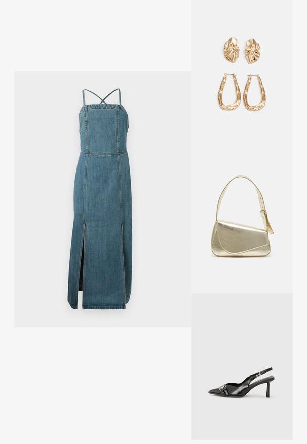 Denimkleit, millel on sobiv korpus, reguleeritavad risti seljatoed ja külglook. Tal on keskmine sinine pesu ja sirge siluett.; Must musta nahk kingad sanga ja terava ninaga, ankle strapidega, millel on hõbedased pandlad ja riistvara ning õhuke konts.; Kuldmetallist käekott, millel on struktureeritud disain, sile tekstuur ja reguleeritav rihm. Omab ainulaadset kolmnurkset kuju ja minimalistlikku õmblust.; Kuldse värvi kõrvarõngad, mis on kaunistatud tekstuursete ja laineliste kujunditega. Komplektis on skulpturaalsed klamber kõrvarõngad ja avatud rõngasdisain, millel on lõhestatud viimistlus.