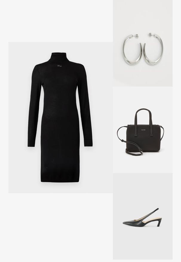 Crna midi haljina s dugim rukavima, rol-kragnom i malim dekorativnim gumbom ispod dekoltea, uže krojena silueta.; Crne cipele s izduženim vrhom i remenom oko pete, s niskom petom, izrađene od glatke kože i s izrezbarenom stranom radi prozračnosti.; Crna torba s dva kratka ručka i uklonjivom naramenicom. Glatki materijal nalik koži s zatvaračem na zatvaranje i detaljem s logom.; Srebrne kružne naušnice s glatkim, zakrivljenim dizajnom. Imaju sjajnu metalnu završnu obradu i kopču na tipku. Nema vidljivih uzoraka ili ukrasa.