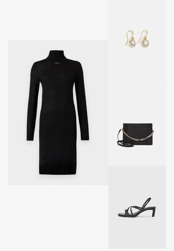 Černé midi šaty s dlouhým rukávem, rolákem a drobným dekorativním knoflíkem pod výstřihem, přiléhavý střih.; Černé sandály na tenkém podpatku se čtveratou špičkou a nízkým blokovým podpatkem. Mají několik tenkých popruhů a nastavitelné zapínání okolo kotníku. Vyrobeny z hladké kůže.; Černá kožená crossbody taška s hladkým povrchem, obdélníkovým tvarem a kovovým řetízkem na přední straně. Součástí je nastavitelný popruh.; Náušnice ve zlatém tónu s oválnými průhlednými krystaly obklopenými menšími průhlednými kameny, se zapínáním na háček pro bezpečné nošení.