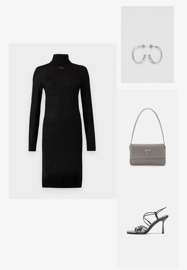 Čierne midi šaty s dlhým rukávom, rolákovým golierom a drobným dekoratívnym gombíkom pod výstrihom, priliehavý strih.; Čierne sandále na vysokom podpätku majú tenké remienky s uzlovým dizajnom, hladký štvorcový špičku a elegantný stiletto podpätok.; Svetlošedá metalická kabelka s reťazovým popruhom, ozdobená malými kruhovými kovovými štítkami a trojuholníkovým logom značky.; Strieborné kruhové náušnice s hladkým, lesklým povrchom, majú zakrivený tvar a zapínanie na puzetu. Minimalistický dizajn s moderným vzhľadom.