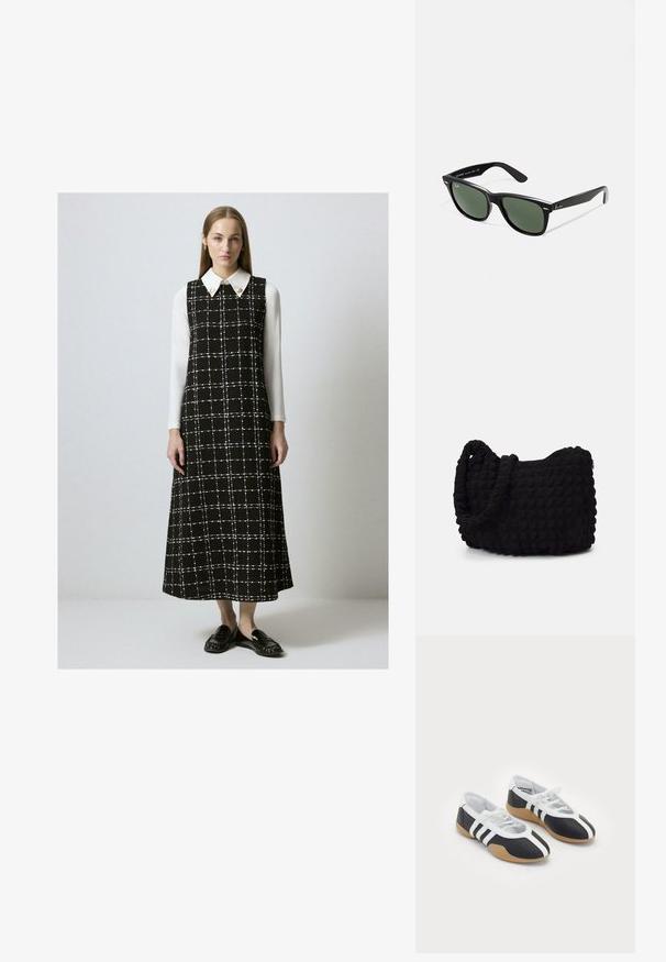 Femeie îmbrăcată cu o rochiță fără mâneci, în carouri alb-negru, peste o cămașă albă cu mâneci lungi, combinată cu mocasini negri, stând pe un fundal simplu.; Încălțăminte sportivă alb-negru cu un design elegant, talpă din cauciuc, închidere cu sireturi și trei dungi albe pe laterale.; Ochelari de soare din plastic negru cu lentile verzi, rame pătrate, accent argintiu pe sprânceană și brațe texturate. Marca este menționată pe brațul interior.; Geantă dintr-un material textil negru, cu un model texturat și matlasat. Formă rotundă, mânere scurte și groase, și o structură moale, flexibilă.