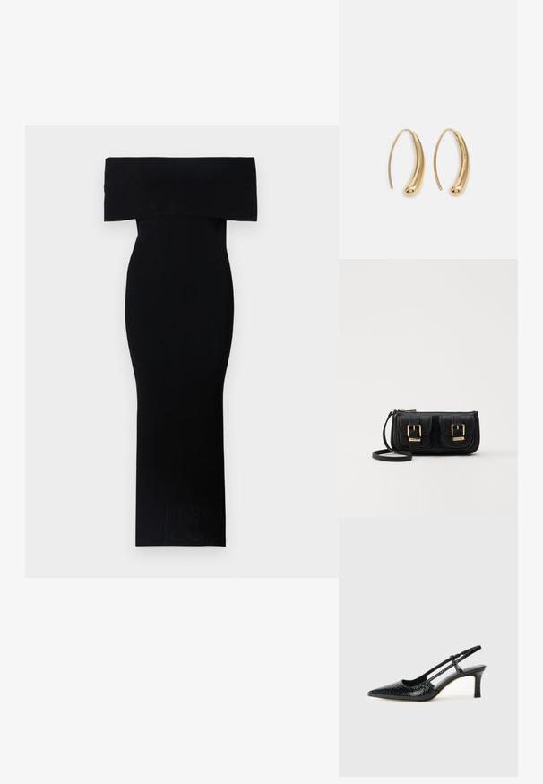 Black off-the-shoulder fitted dress made from stretch fabric. Floor-length design with a smooth texture and minimal detailing.; Black patent slingback heel with a pointed toe, featuring textured snake print, adjustable strap, and a short, textured block heel.; Black leather crossbody bag with two front pockets, gold buckles, zipper closure, and a slim strap. Textured surface and compact rectangular shape.; Gold-tone metal hoop earrings with a curved, elongated shape. Features a smooth, shiny surface and a rounded tip for added detail.