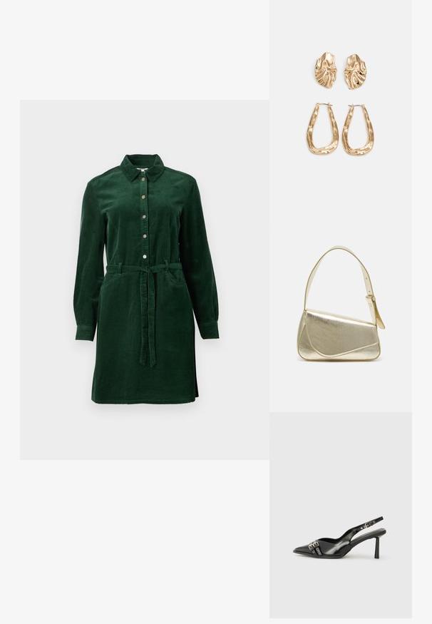 Dunkelgrünes Cordhemdkleid mit langen Ärmeln, Knopfleiste, Kragen, zwei Taschen und einem Stoffgürtel, der in der Taille gebunden ist.; Schwarzer Lackleder Slingback-Schuh mit spitzem Zehenbereich, Knöchelriemen mit silbernen Schnallen und Beschlägen sowie einem schlanken Absatz.; Goldfarbene metallische Handtasche mit strukturiertem Design, glatter Textur und verstellbarem Tragegurt. Sie verfügt über eine einzigartige dreieckige Form und minimalistische Nähte.; Ohrringe in Goldoptik mit strukturierten, gewellten Formen. Beinhaltet skulpturale Clip-Ohrringe und ein offenes Hoop-Design mit gehämmertem Finish.