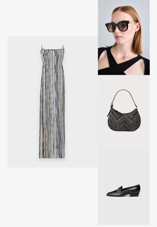 Pikad, keha kallistavad kleit peenete vertikaalsete triipudega erinevates värvides. Materjal näeb välja läikiv, õhukeste spaghetti-ribadega ja sirge dekolteega.; Musthave mustaga musta nahast madala kontsaga loafer, terava ninaga ja värviliselt mustritatud rihmaga valgel taustal.; Naine sirgete punaste juustega, kandes suuri musti prille kuldsete käepidemetega ja musta lõikega toppi, staatilise tausta ees.; Mustas käekott on kõverate joontega, esindades mitmevärvilist chevron-mustrit ja metallthreadi. Koti küljes on nahkrihm ja kullatud detailid.