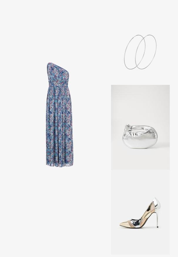 Kwiatowa długa sukienka z asymetrycznym projektem na jedno ramię, elastycznym pasem, lejącym materiałem w niebieskie, purpurowe i różowe wzory.; Czółenka na wysokim obcasie z wąskim noskiem w kolorze srebrnym, złotym i nude. Lśniące wykończenie z wycięciami, z obcasem w stylu stiletto.; Srebrna metaliczna torba worek o miękkim, zaokrąglonym kształcie i zawiązywanym z góry zapięciem. Wykonana z gładkiego materiału imitującego skórę.; Srebrne kolczyki w formie obręczy o minimalistycznym designie. Okrągły kształt, gładka faktura i cienki profil. Lekkie, z polerowanym wykończeniem.