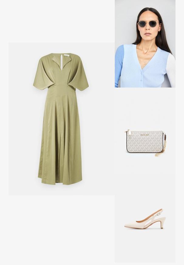 Olīvu zaļa kleita ar godīgu svārku, īsām tauriņa piedurknēm un atslēgas caurumu dekoltē. Izgatavota no teksturēta auduma, grīdas garuma dizains.; Baltas siksniņveida papēdis ar smailu purngalu, gludu augšējo materiālu, zemu blokpapēdi un sānu izgriezumu dizainu ar regulējamu sprādzi.; Apaļas saulesbrilles ar tumšiem objektīviem un zeltītām rāmēm. Modelis valkā gaiši zilu, ribotu kardigānu ar pogām un kontrastējošām baltām piedurknēm.; Michaela Korsa rokassomi bez̦ā īšojuma, kas izgatavota no apklāta kanvas, iekļaujot atkārtotu MK logotipa rakstu, zelta aparatūru un noņemamu ķēdes siksnu.