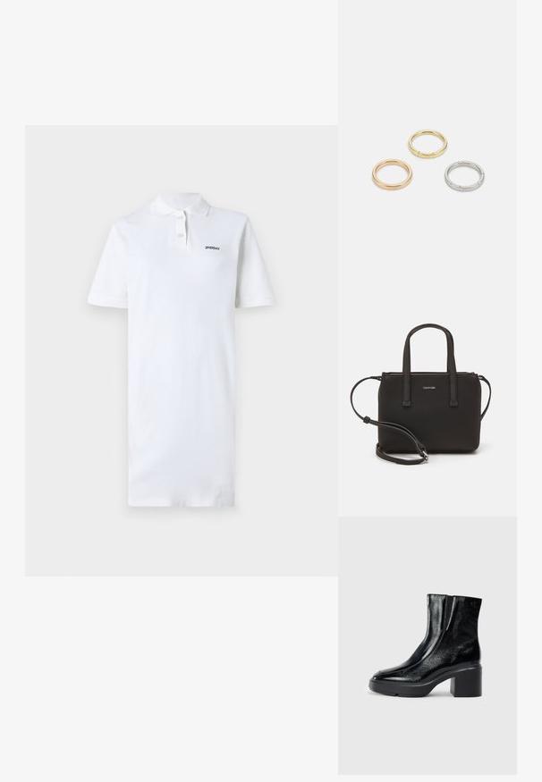 Weißes Polo-Kleid aus Baumwolle mit Kragen und kurzen Ärmeln. Enthält ein kleines schwarzes Logo auf der linken Brust. Glatte Textur.; Schwarze Lackleder-Stiefeletten mit einer geschwungenen Zehenpartie, elastischen Seiteneinsätzen und einem klobigen Blockabsatz. Mit geprägtem Logo auf der Rückseite.; Schwarze Handtasche mit zwei kurzen, doppelt geflochtenen Griffen und einem abnehmbaren Schulterriemen. Glattes, lederähnliches Material mit einem Reißverschluss und Logodetail.; Drei Metallringe: einer in Roségold, einer aus Gold mit strukturierten Akzenten und einer aus Silber, alle mit graviertem Branding auf dem inneren Band.