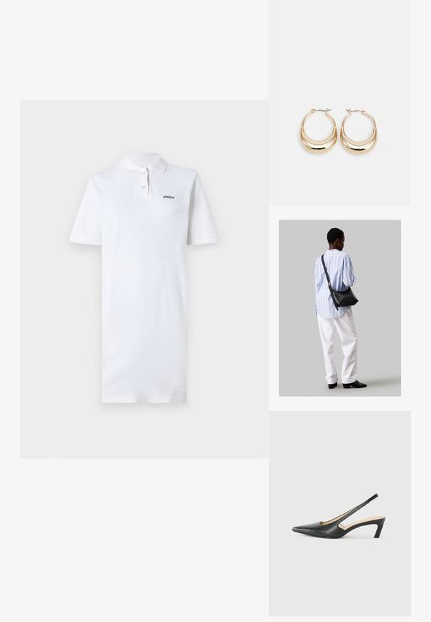 Hvit polo kjole laget av bomull, med krage og korte ermer. Inkluderer en liten svart logo på venstre bryst. Glatt tekstur.; Svart spiss tå slingback-sko med lav hæl, laget av jevnt skinnmateriale og med utskåret design på siden for pusteevne.; Svart lær skulderveske med en myk tekstur, trekantet form og justerbar stropp, kombinert med en lyseblå stripete skjorte og hvite bukser.; Gulltonede hoop-øreringen med en halvmåneform, polert overflate og hengsel-lukking. Glatt tekstur og reflekterende finish øker synligheten.
