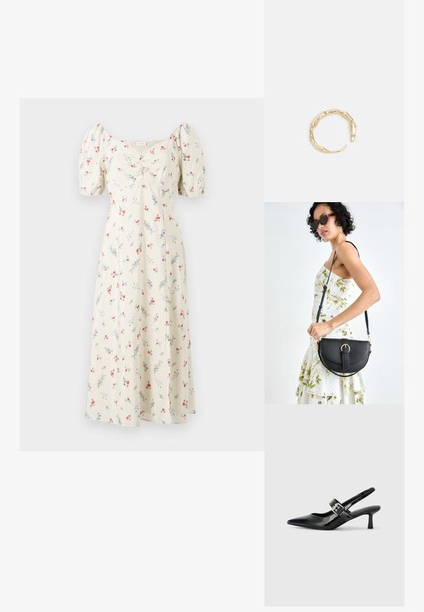 Kvetinové midi šaty s krátkymi puff rukávmi. Svetložltá tkanina ozdobená červenými a modrými kvetinovými vzormi. Priamka silueta, okrúhly výstrih.; Čierne patentové kožené sandále na podpätku so špicatou špičkou a malým blokovým podpätkom, s dekoratívnou striebornou sponou na remienku.; Čierna kožená kabelka s zaobleným tvarom, odnímateľným popruhom a zlatými doplnkami. Kabelka má klopu s detailom s prackou.; Prsteň v zlatej farbe s organickým, skrúteným dizajnom, hladkým povrchom a zužujúcimi sa koncami, vytvárajúci moderný, sochársky vzhľad.