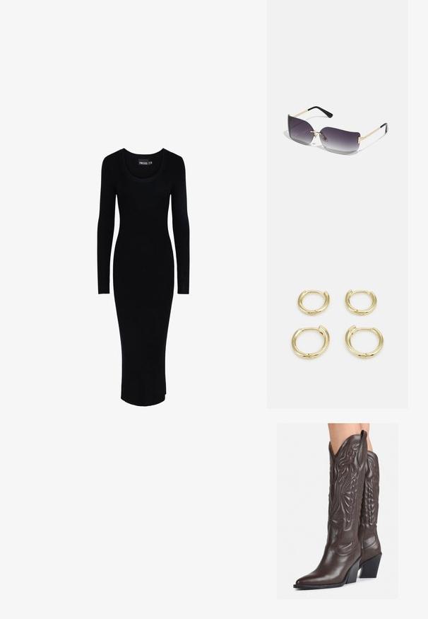 Černé šaty z ribbovaného pleteného materiálu s kulatým výstřihem, dlouhými rukávy a těsným střihem, sahajícími do půl lýtek.; Hnědé kožené kovbojské boty s špičatou špičkou a blokovým podpatkem, se zdobným prošíváním a vyvýšenými akcenty na nárazu.; Sluneční brýle s šedým gradientním sklem, zlatým kovovým rámem a černými plastovými akcenty. Unikátní čočky ve tvaru motýla s tenkými nožičkami.; Zlaté kruhové náušnice, čtyři kusy, hladký povrch, zakřivený design, různé velikosti, s kloubovým zapínáním pro snadné nošení.