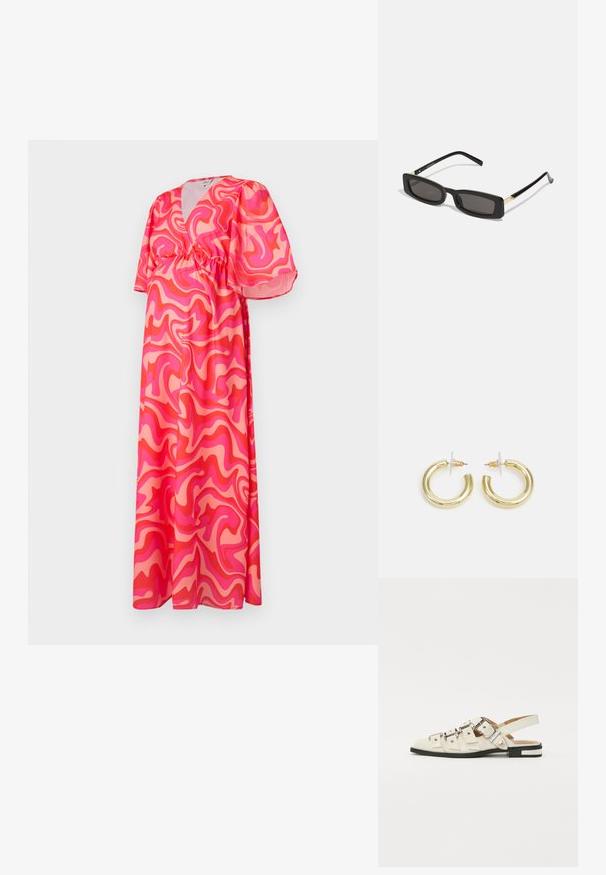Maxi haljina s dubokim V-izrezom, kratkim napuhanim rukavima i elastičnim strukom, s ružičastim i koraljnim apstraktnim zavojitim uzorkom na laganom materijalu.; Sandalice sa zatvaračem u bijeloj koži s višestrukim širokim trakama i srebrnim kopčama; ravni potplat s malim crnim potpeticama i metalnim akcentima.; Crne pravokutne sunčane naočale s tamnim lećama, sjajnim plastičnim okvirom i zlatnim akcentima na sljepoočnicama. Minimalistički dizajn i elegantan oblik.; Zlatne kružne naušnice s glatkom, sjajnom završnom obradom. Kružni dizajn s malom potporom i prozirnom podlogom za sigurno nošenje.