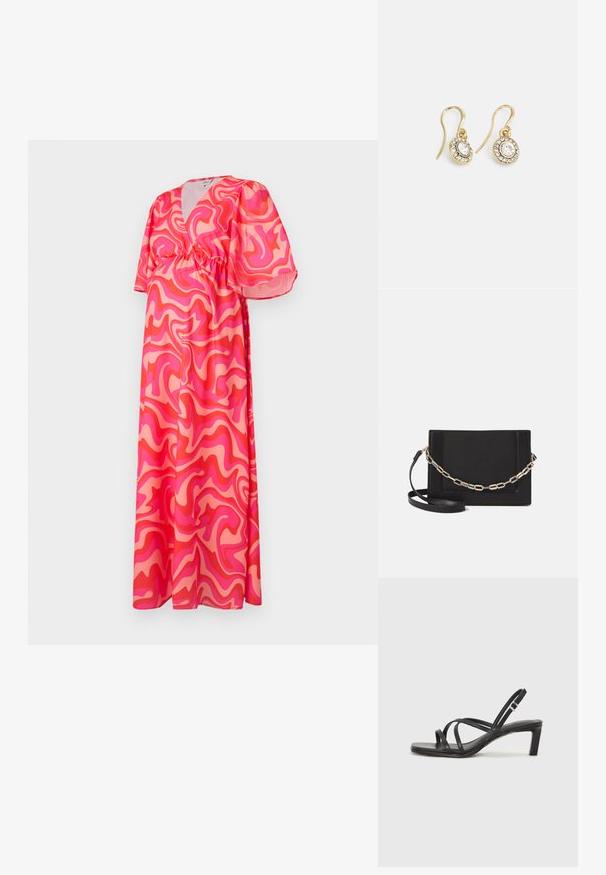 Maxi kleit sügava V-kaelusega, lühikeste puhvärvidega ning elastse vöökohaga, millel on kerge kangas roosa ja koralli abstraktse keerise mustriga.; Mustast rihmajalatsid ruudukujulise varba ja madala ploki kontsaga. Omab mitmeid õhukesi rihmasid ja reguleeritavat pahkluu rihma. Valmistatud siledast nahast.; Mustast nahast õlakott, mis omab siledat tekstuuri, ristküliku kuju ning esiküljel metallketi detaili. Reguleeritav rihm on kaasas.; Kuldtooni kõrvarõngad ovalikujuliste selgete kristallidega, mille ümber on väiksemad selged kivid, ja kaarvormiga disain, et tagada kindel kandmine.