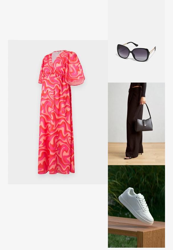 Maxi ruha mély V-nyakkivágással, rövid puffos ujjakkal és rugalmas derékkal, rózsaszín és korall színű absztrakt örvénymintázattal könnyű anyagon.; Fehér sportcipő sima szintetikus felsőrésszel, perforált lábujjrész, lapos fűzőkkel és texturált talppal, fából készült felületen kihelyezve.; Fekete, oversize napszemüveg fokozatos árnyalatú lencsékkel, vastag kerettel és arany színű lánc díszítéssel a szárakon.; Fekete kézi táska strukturált formával, sima textúrával és fémből készült záródással. Széles fekete nadrággal és nyitott orrú szandállal párosítva, fából készült padlón.