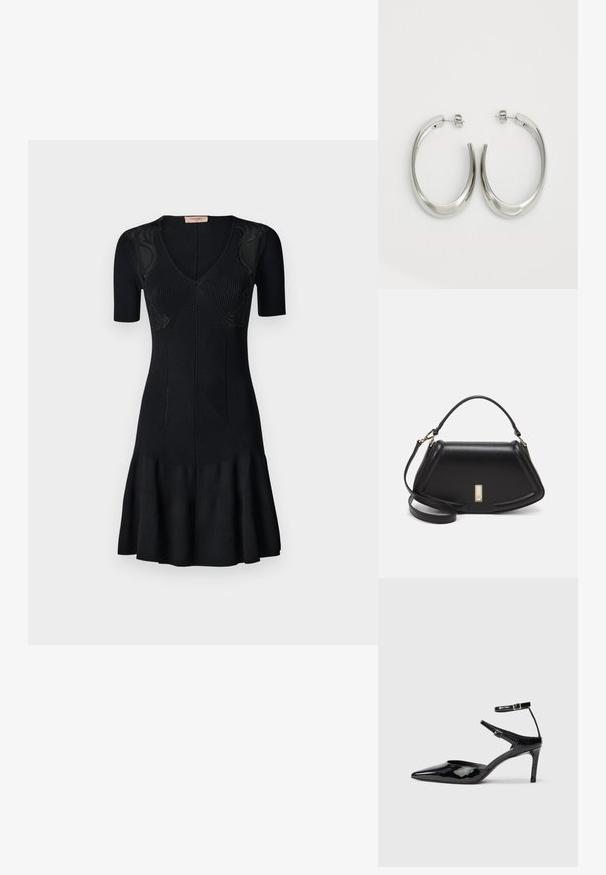 Fekete bordázott kötött ruha rövid ujjakkal, V-nyakkal, szélesedő szegéllyel és texturált díszítésekkel a testén. Sima, testhezálló kialakítás.; Fekete lakkbőr magassarkú cipők hegyes orral, állítható bokapánttal és vékony sarokkal. Simább textúra fényes kivitelben.; Fekete bőr kézitáska, strukturált dizájnnal, rövidített formával, felső fogantyúval és arany színű kiegészítőkkel. Állítható vállpánt is tartozik hozzá.; Ezüst karika fülbevalók sima, ívelt formával. Fényes fémes felülettel és tűs zárral rendelkeznek. Nincsenek látható minták vagy kiegészítők.