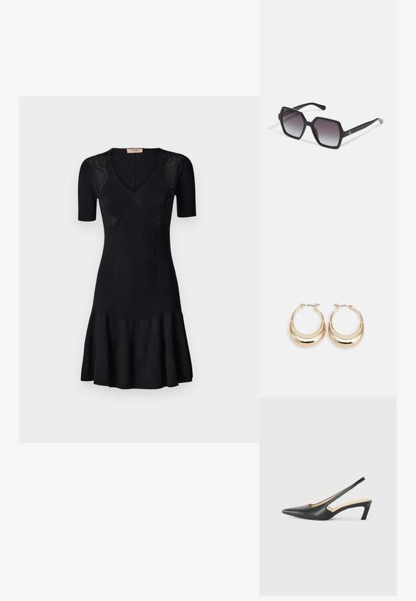 Svart ribbestrikket kjole med korte ermer, V-hals, utsvingt kant og teksturerte detaljer på bodice. Glatt, tettsittende design.; Svart spiss tå slingback-sko med lav hæl, laget av jevnt skinnmateriale og med utskåret design på siden for pusteevne.; Svart sekskantede solbriller med gradientlinser, med en blank finish og subtil merkevareføring på stangen. Slitesterk plastkonstruksjon.; Gulltonede hoop-øreringen med en halvmåneform, polert overflate og hengsel-lukking. Glatt tekstur og reflekterende finish øker synligheten.