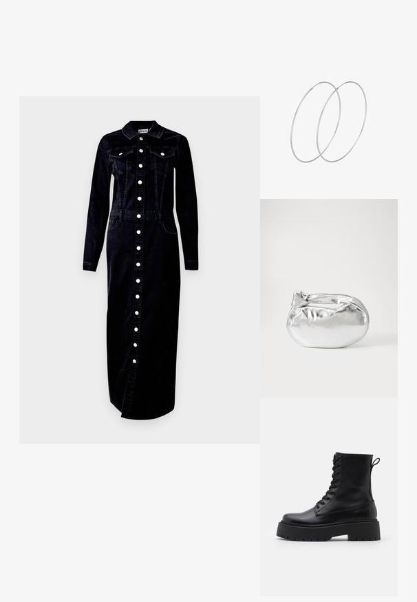 Svart denimklänning, lång ärm, knäppning fram, krage, två bröstfickor och sidofickor, med silverfärgade knappramar.; Svarta läderankelboots med rund tå, snörning framtill och en tjock gummisula med strukturerat mönster. Dragflik bak.; Silverfärgad metallisk påse med en mjuk, rundad form och en knutstängning upptill. Tillverkad av ett mjukt material i konstläder.; Silverfärgade hoopörhängen med en minimalistisk design. Cirkulär form, slät yta och tunn profil. Lätta med en polerad finish.