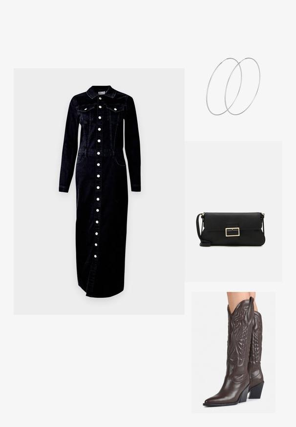 Czarna dżinsowa sukienka, długie rękawy, zapinana na guziki z przodu, kołnierz, dwie kieszenie na piersi i kieszenie boczne, z akcentami srebrnych guzików.; Brązowe skórzane kowbojki z noskiem w kształcie migdała i blokowym obcasem, z detalicznym przeszyciem i podniesionymi akcentami na cholewce.; Czarna skórzana torebka kopertowa z klapką i detalem w postaci złotej metalowej klamry. Zawiera czarny pasek oraz elegancki, minimalistyczny design.; Srebrne kolczyki w formie obręczy o minimalistycznym designie. Okrągły kształt, gładka faktura i cienki profil. Lekkie, z polerowanym wykończeniem.