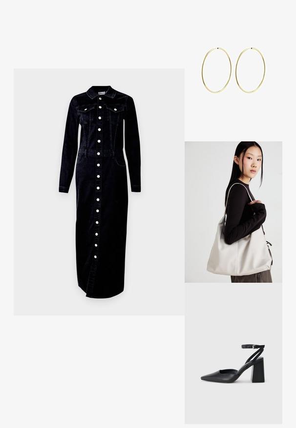 Mustast denimist kleit, pikkade varrukatega, nööpidega esiosa, krae, kaks rinna taskut ja küljetaskud, hõbedased nööpkaunistused.; Mustmustest must-käigukingad, millel on konksuga nöör ja paks konts. Ühtlane tekstuur, stiilne disain ja minimalistlik esteetika.; Bež käekott pehme materjali, millel on lõtv disain, õmblustega detailid ja kaks õlarihma. Sobib igapäevaseks kasutamiseks.; Kuldsest rõngastest kõrvarõngad sileda, ümarate joontega. Õhukesed ja kerged, koosnevad pidevast ringsest kujundist ilma kaunistusteta.
