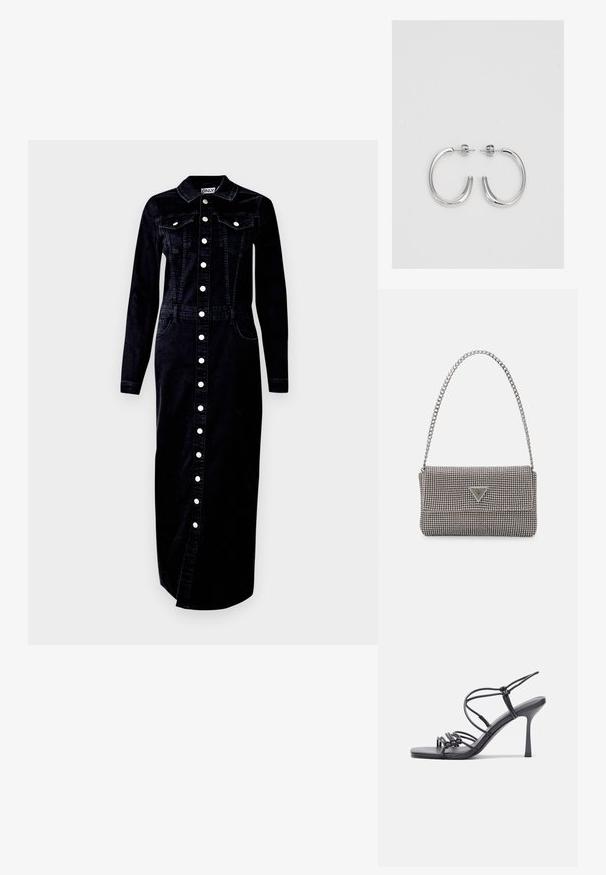 Crna traper haljina, dugih rukava, s gumbićima sprijeda, ovratnikom, dva džepa na prsima i bočnim džepovima, s akcentima od srebrnih dugmadi.; Crne sandale na visokoj potpetici imaju tanke trake s čvorastim dizajnom, glatki kvadratni vrh i elegantnu stiletto petu.; Svijetlosivi metalik ruksač s lancem, ukrašen malim okruglim metalnim zakovicama i trokutastim logotipom marke.; Srebrne naušnice u obliku obruča sa glatkom, sjajnom površinom, zakrivljenog oblika i zatvaranjem na čep. Minimalistički dizajn s modernim završetkom.