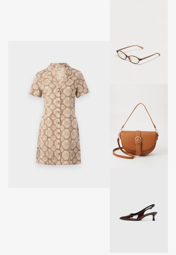 Kratší šaty s krátkým rukávem v hnědé látce s krémovým květinovým vzorem po celém povrchu, vybavené límečkem a zapínáním na knoflíky.; Hnědé lakované kožené slingback boty s špičatou špičkou a mírným podpatkem. Disponují přezkou pro bezpečné upevnění. Hladký povrch.; Hnědé želvovinové brýle s oválnými skly, tenkými bočními nohami a průhlednými akcenty. Obsahují decentní logo na stranu. Elegantní, lehký design.; Hnědá kožená křížová taška s zakřiveným tvarem, zlatými detaily a akcentem s přezkou. Obsahuje odnímatelný popruh na rameno.