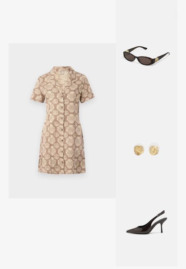 Vestido camisas de manga corta en tejido marrón con un estampado floral en color crema en toda la prenda, que cuenta con un collar y un diseño de botones en la parte delantera.; Zapato de tacón alto tipo slingback en piel sintética brillante de color marrón oscuro, con punta afilada, laterales abiertos y correa ajustable en el tobillo.; Gafas de sol carey con lentes ovalados alargados, tintado marrón, acentos de logo dorado en las patillas y brazos negros elegantes.; Pendientes en forma de espiral dorada con respaldo transparente, que presentan acentos dorados texturizados y pequeñas piedras preciosas claras incrustadas en el diseño.