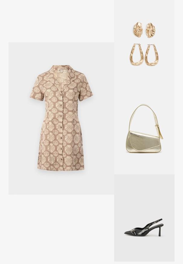Vestido camisas de manga corta en tejido marrón con un estampado floral en color crema en toda la prenda, que cuenta con un collar y un diseño de botones en la parte delantera.; Zapato de charol negro tipo slingback con punta afilada, correas al tobillo con hebillas y herrajes de plata, y un tacón delgado.; Bolso de mano metálico dorado con un diseño estructurado, textura suave y correa ajustable. Presenta una forma triangular única y un cosido minimalista.; Pendientes en tono dorado que presentan formas texturizadas y onduladas. Incluyen aros de clip esculturales y un diseño de aro abierto con un acabado martillado.