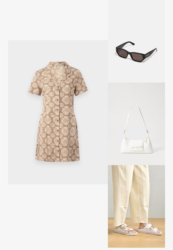 Hemdblusenkleid aus braunem Stoff mit floralem Muster in Cremefarbe, ausgestattet mit einem Kragen und einer durchgehenden Knopfleiste.; Weiße Sandalen mit zwei Riemen aus weich material, ausgestattet mit goldenen Schnallen und einer strukturierten Sohle. Getragen mit lockeren, cremefarbenen Hosen.; Schwarze rechteckige Sonnenbrille mit dunklen Gläsern. Verfügt über ein glattes Kunststoffgestell und ein Logo-Detail an den Bügeln. Sauberes, modernes Design.; Weiße synthetische Handtasche in dreieckiger Form, flache Vorderklappe und Schleifendetail, verstellbarer Trageriemen, glatte Textur und minimalistisches Design.