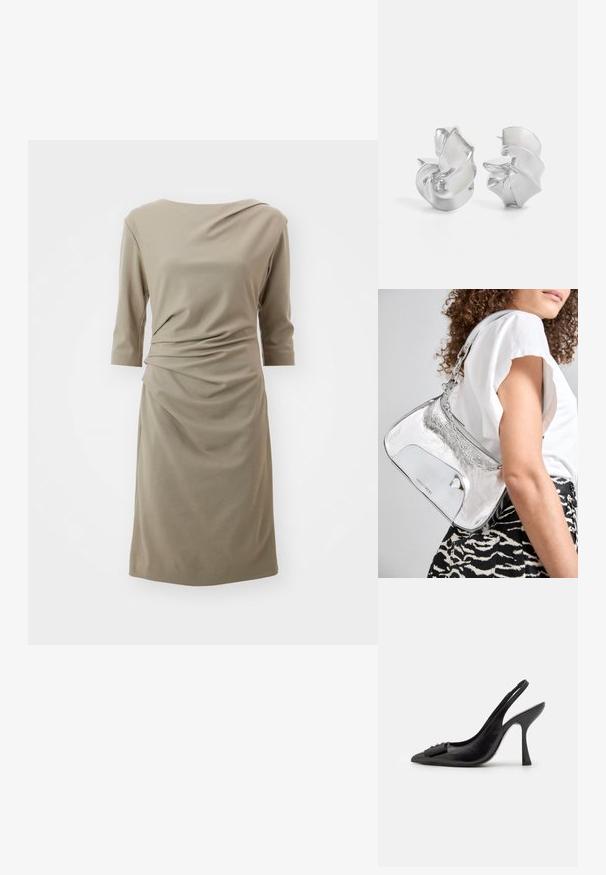 Oliwkowa sukienka do kolan z miękkiego materiału; charakteryzuje się drapowaną konstrukcją z rękawami o długości trzy czwarte i subtelnym marszczeniem z boku.; Czółenka na obcasie z czarnej skóry z odkrytym piętą, o ostrym nosku, smukłym wysokim obcasie i dekoracyjną kokardą. Gładka tekstura i elegancki design.; Srebrna, metaliczna torebka na ramię o gładkiej fakturze, zakrzywionym kształcie, łańcuszkowym pasku oraz wypolerowanej przedniej części z delikatnym grawerem logo.; Srebrne kolczyki o płynnych, spiralnych wzorach. Gładka faktura z polerowanym wykończeniem. Posiadają subtelną poświatę i brak widocznych ozdób.