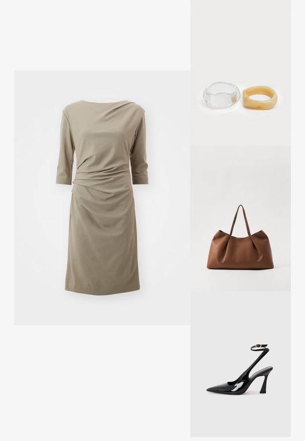 Oliwkowa sukienka do kolan z miękkiego materiału; charakteryzuje się drapowaną konstrukcją z rękawami o długości trzy czwarte i subtelnym marszczeniem z boku.; Czarne lakierowane szpilki slingback na wysokim obcasie z wydłużonym noskiem, regulowanym paskiem na kostce i umiarkowanym obcasem w kształcie bloku. Gładka struktura z błyszczącym wykończeniem.; Brązowa skórzana torba tote o miękkim, zaokrąglonym kształcie, z plisowaną strukturą i dwoma solidnymi uchwytami. Minimalistyczne akcenty w postaci szwów.; Jasne i bursztynowe pierścionki z żywicy, jeden gładki i przezroczysty, drugi z teksturowanym, bursztynowym wykończeniem. Oba mają zaokrąglone, masywne kształty.