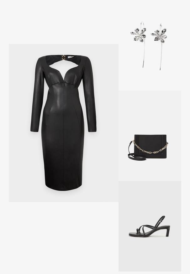 Černé přiléhavé midi šaty z umělé kůže s dlouhými rukávy, hlubokým výstřihem do V a předním výřezem s knoflíkovým zapínáním na zadní straně.; Černé sandály na tenkém podpatku se čtveratou špičkou a nízkým blokovým podpatkem. Mají několik tenkých popruhů a nastavitelné zapínání okolo kotníku. Vyrobeny z hladké kůže.; Černá kožená crossbody taška s hladkým povrchem, obdélníkovým tvarem a kovovým řetízkem na přední straně. Součástí je nastavitelný popruh.; Stříbrné naušnice ve tvaru květiny s texturovaným povrchem, které mají dlouhé háčky a detaily v podobě okvětních lístků pro složitý design.