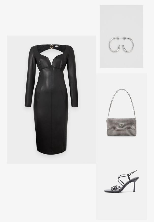 Melnā pieguļošā mākslīgā ādas midi kleita ar garām piedurknēm, dziļu V veida kaklu un priekšējo izgriezumu ar pogu aizdari aizmugurē.; Melnas augstpapēžu sandales ar plāniem siksniņām un mezgla dizainu, gluda kvadrātveida purngalu un elegantu stiletto papēdi.; Gaiši pelēka metāla rokassoma ar ķēdes siksnu, rotāta ar mazām apaļām metāla kniedēm un trīsstūra zīmola logo.; Sudraba stīpas auskari ar gludu, spīdīgu virsmu, izceļas ar izliektaveida formu un aizdari ar tapu. Minimālistisks dizains ar mūsdienīgu apdari.