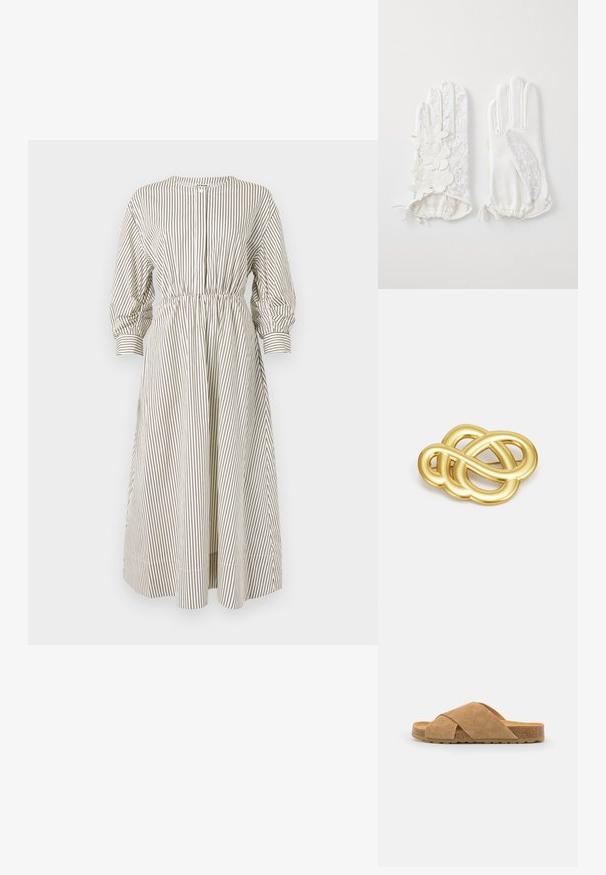 Rochie în dungi, de culoare crem și maro, cu mâneci lungi tip balon, talie elastică și închidere cu nasturi. Materialul are o textură fină.; Sandale din suede cu barete încrucișate, de culoare maro deschis, cu talpă înfășurată în plută și bază din cauciuc texturat, având un design plat și o potrivire largă.; Mănuși albe din dantelă și piele, cu aplicații florale pe mănușa stângă și un petec de piele netedă pe cea dreaptă. Mansete elastice.; Broșă de culoare aurie cu un design împletit, având linii netede și curbe și o formă complexă, ce reflectă un finisaj lucios.
