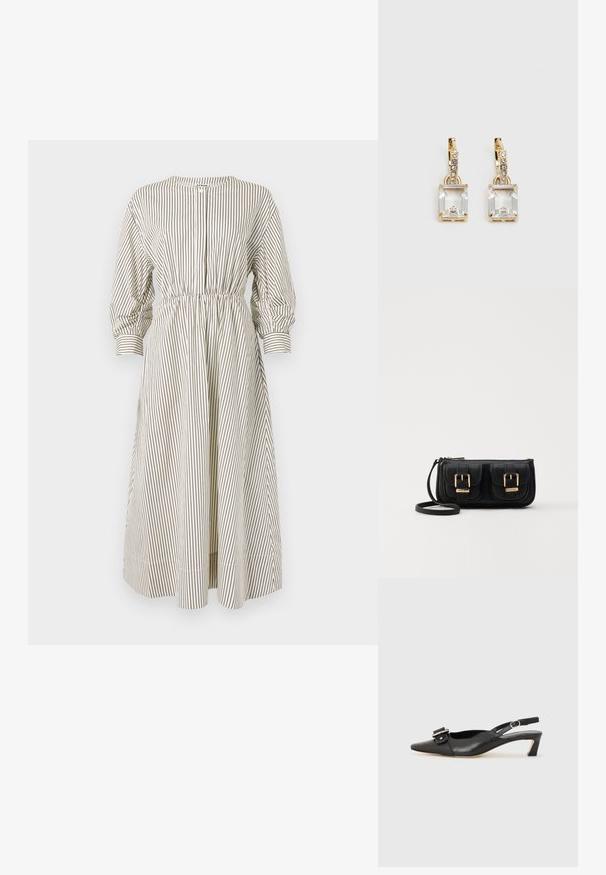 Pruhované šaty v krémové a hnědé barvě, s dlouhými nabíranými rukávy, elastickým pasem a zapínáním na knoflík. Látka má hladkou strukturu.; Černé kožené sandály s úzkou špičkou, malým podpatkem a dekorativní sponou na nártu. Hladký povrch, minimalistický design.; Černá kožená crossbody taška se dvěma předními kapsami, zlatými přezkami, zipovým uzávěrem a štíhlým popruhem. Texturovaný povrch a kompaktní obdélníkový tvar.; Náušnice ve zlatém odstínu s obdélníkovým, průhledným krystalem zavěšeným pod řadou malých, kulatých průhledných akcentů. Elegantní, moderní design.