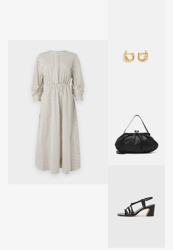 Prúhované šaty v krémovej a hnedej farbe, s dlhými puffovými rukávmi, elastickým pásom a zapínaním na gombíky. Tkanina má hladkú textúru.; Paul Smith AMIRA - Klasické lodičky na opätku - black; Čierna kožená kabelka s zaobleným, nariadeným dizajnom. Disponuje kovovým zapínaním s dvoma dekoračnými guľôčkami a tenkým, odnímateľným popruhom.; Zlaté kruhové náušnice s hladkým, zaobleným dizajnom a lesklým povrchom. Náušnice majú kompaktný, hrubý tvar a bezšvíkovú sponu.